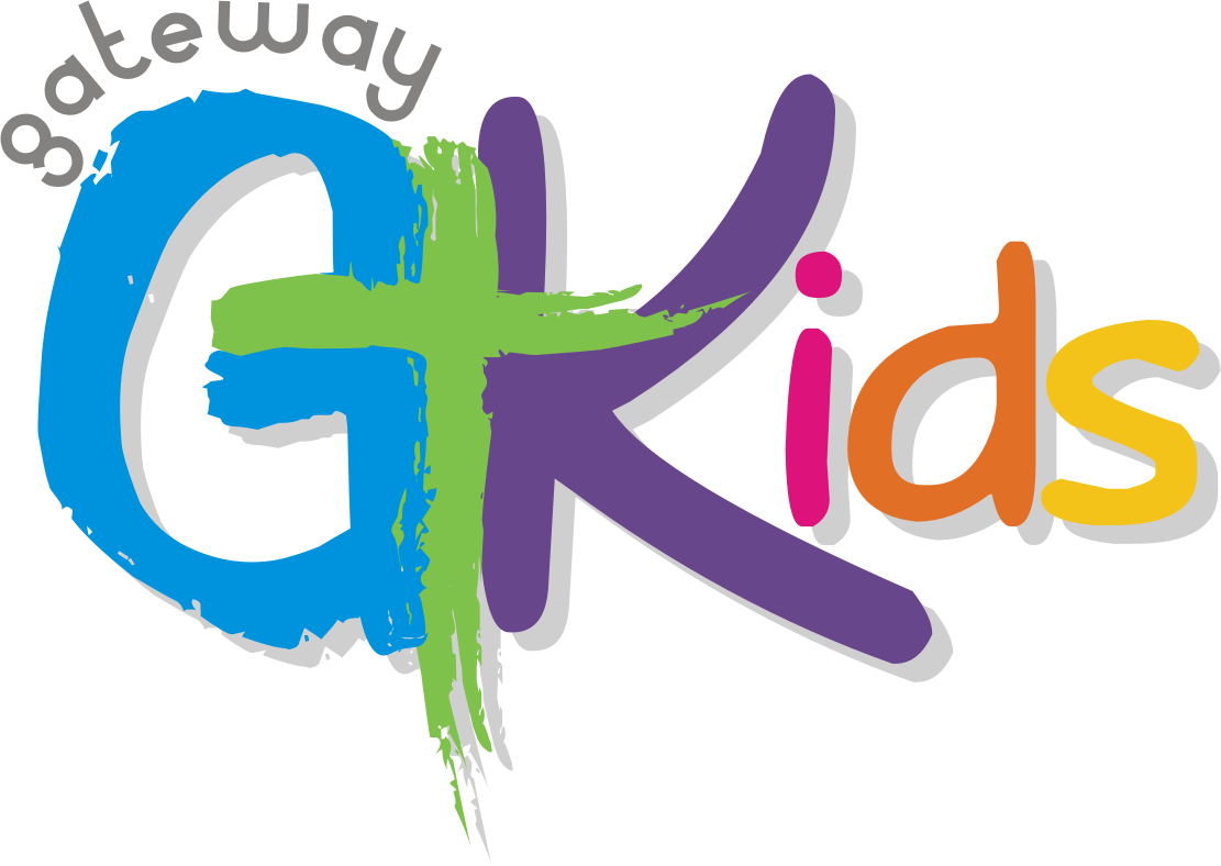 A colorful logo for gateway kids with a cross in the middle