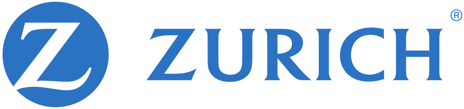 A blue and white logo for zurich on a white background