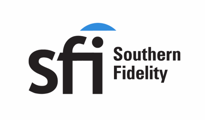 The logo for southern fidelity is black and blue.