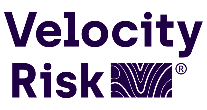 The logo for velocity risk is purple and white with a zebra print.