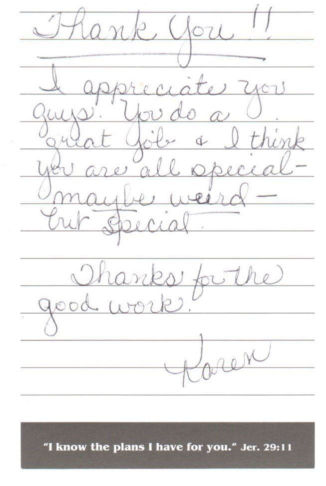 Letter With Bible Verse — Peru, IN — Hack’s Construction and Window Co.