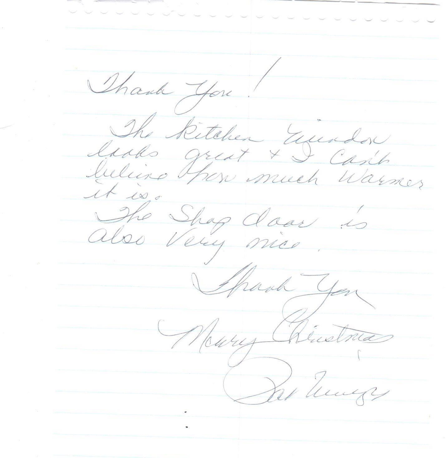 Letter Of Appreciation — Peru, IN — Hack’s Construction and Window Co.