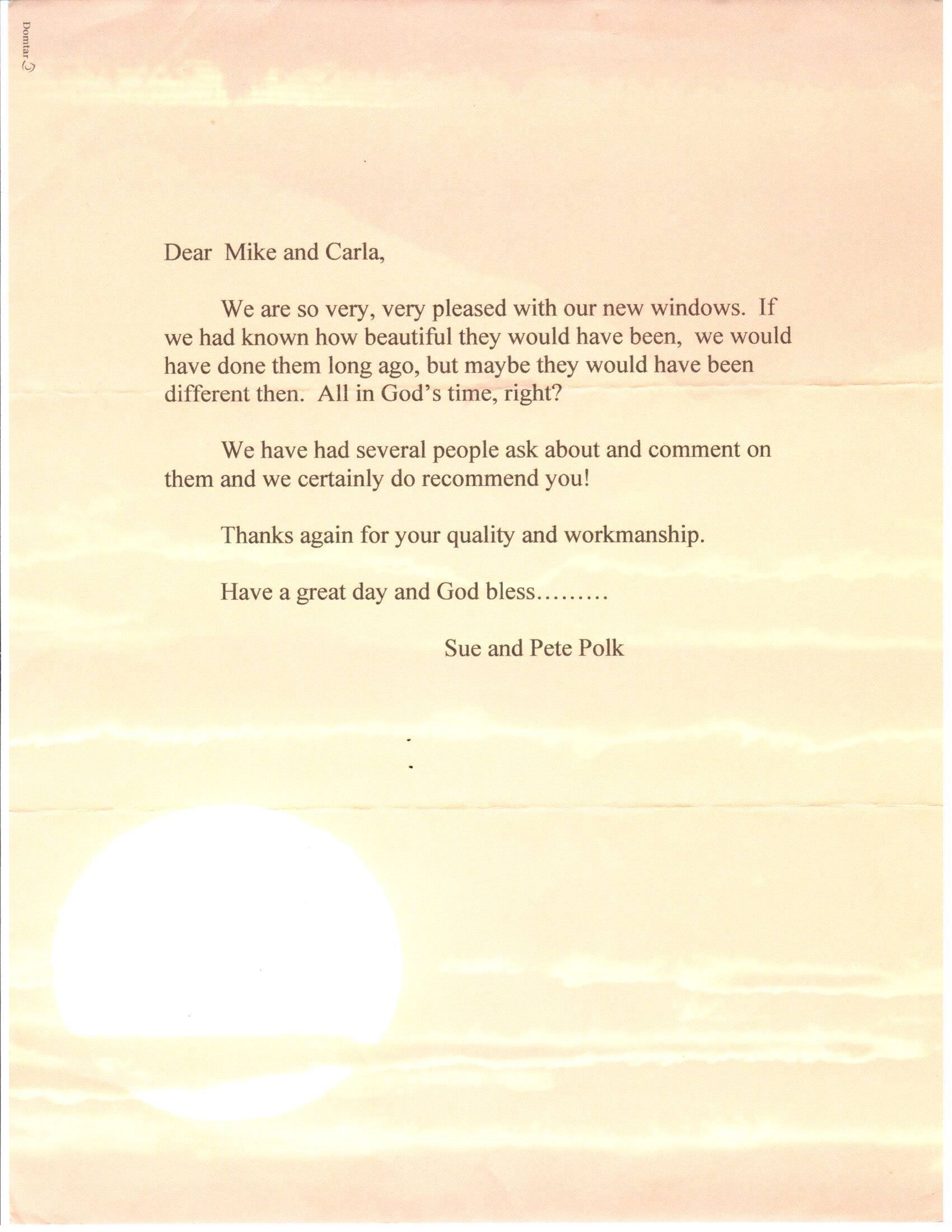 Written Letter On Designed Paper — Peru, IN — Hack’s Construction and Window Co.