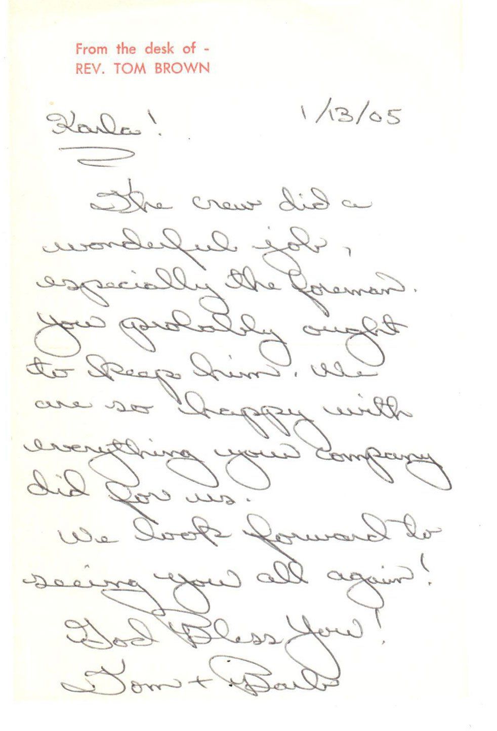 Letter From Tom Brown — Peru, IN — Hack’s Construction and Window Co.