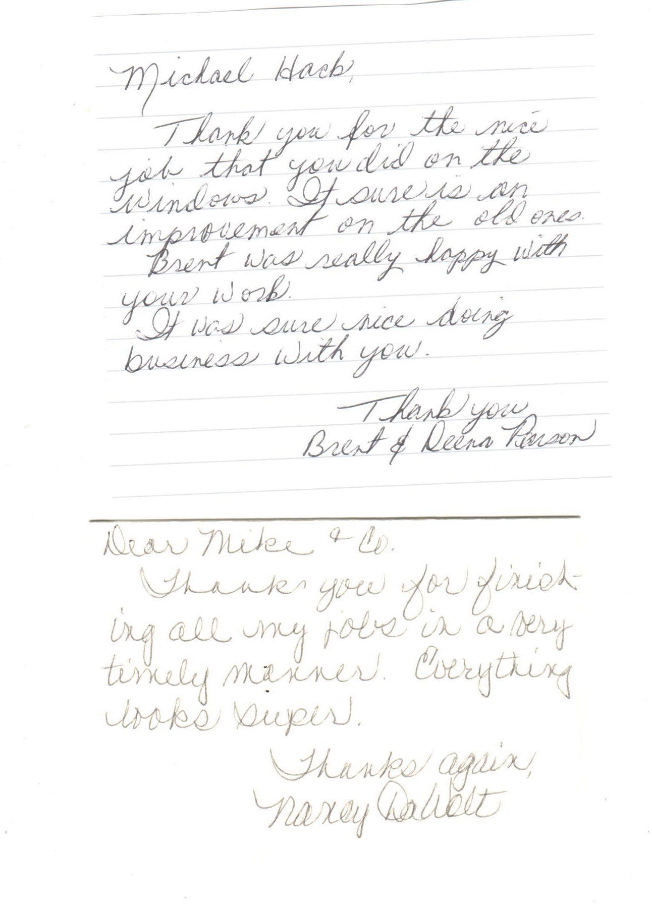 Hand Written Testimonial — Peru, IN — Hack’s Construction and Window Co.