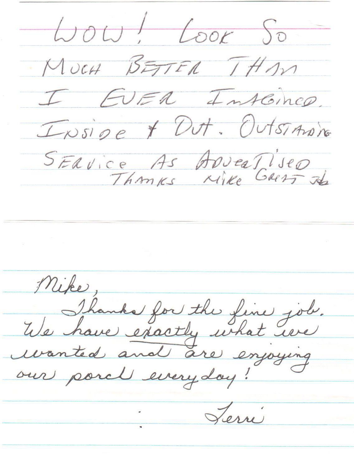 Hand Written Appreciation Letter — Peru, IN — Hack’s Construction and Window Co.