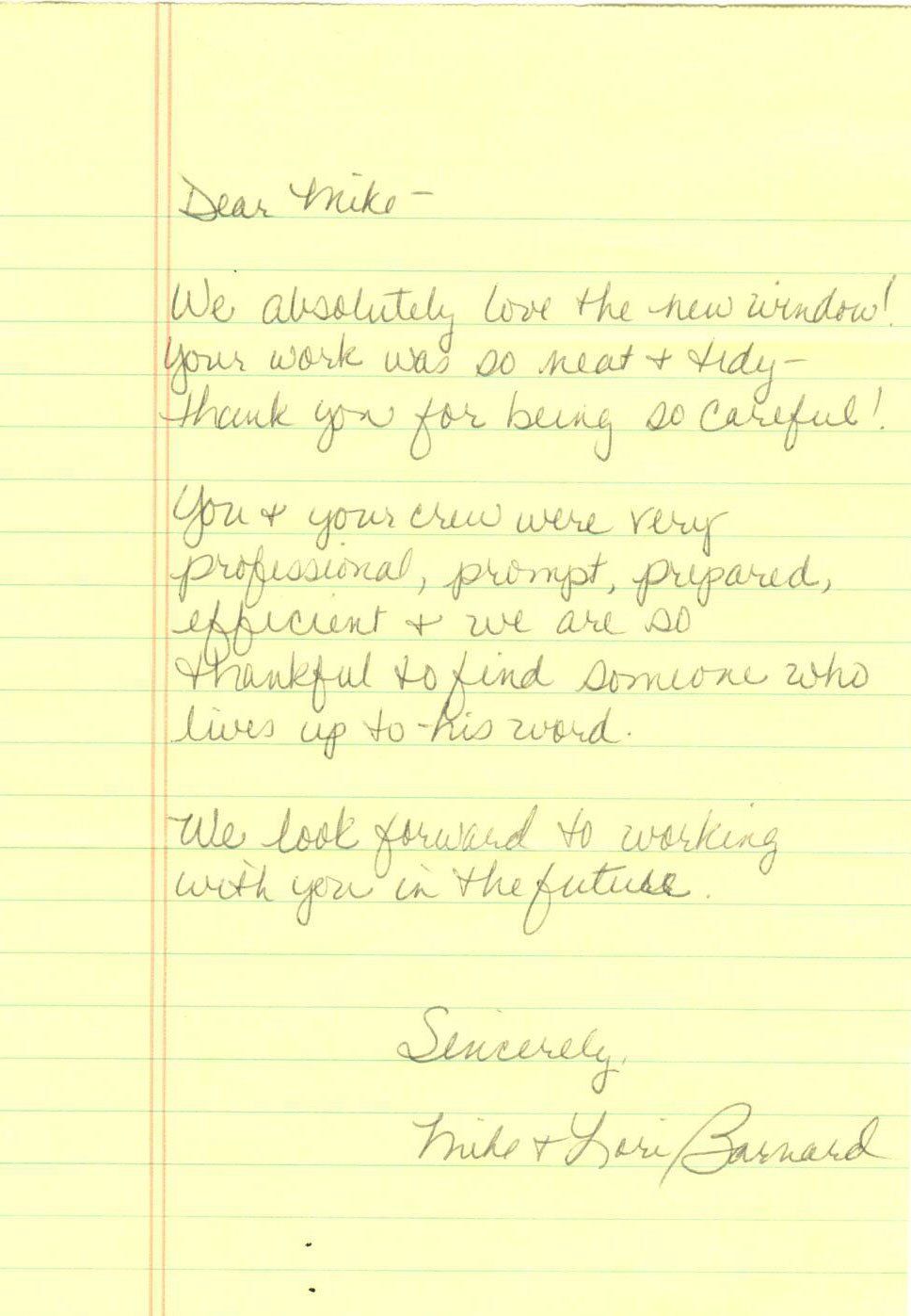 Hand Written Appreciation Letter On Yellow Paper — Peru, IN — Hack’s Construction and Window Co.
