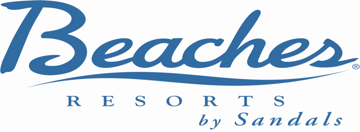 The logo for beaches resorts by sandals is blue and white.