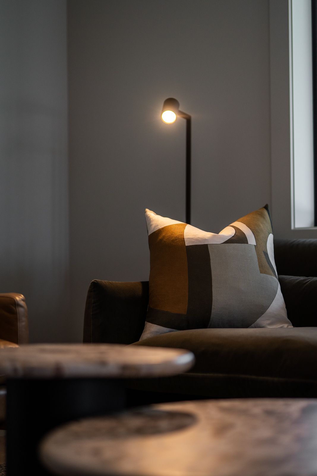 A living room with a view of the mountains and a camera on a tripod.