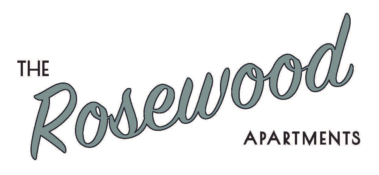 Logo for "The Rosewood Apartments" featuring the word "Rosewood" in a dark grey, cursive script above "APARTMENTS."