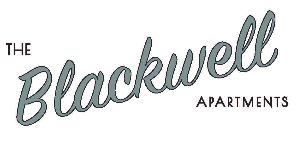 Logo for The Blackwell Apartments with the word "Blackwell" in a large grey cursive font and "APARTMENTS" in small text.