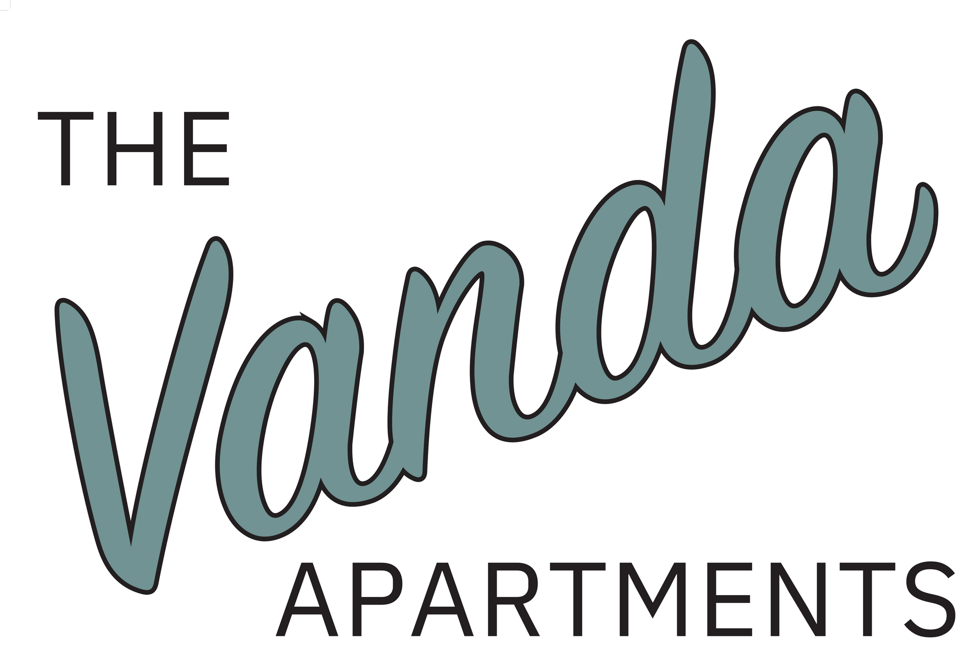 Logo for "The Vanda Apartments" with the word "Vanda" in a large, blue, cursive script above the word "APARTMENTS".