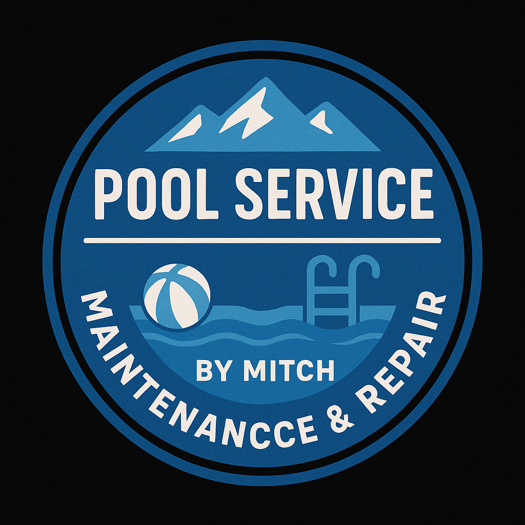 Blue and white pool service logo with mountains, a beach ball, and pool. Text: Pool Service, Maintenance & Repair.