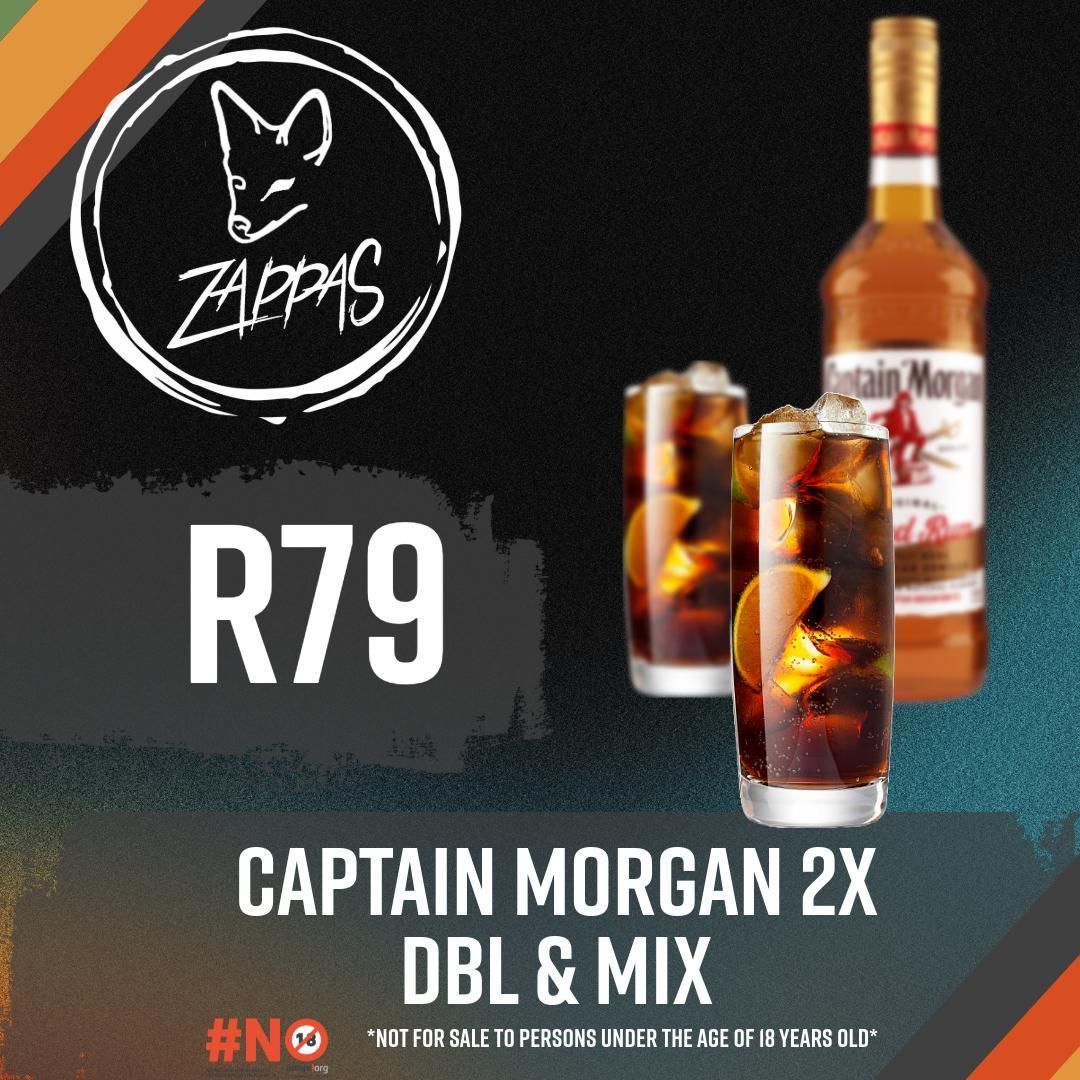 An advertisement for captain morgan 2x dbl & mix