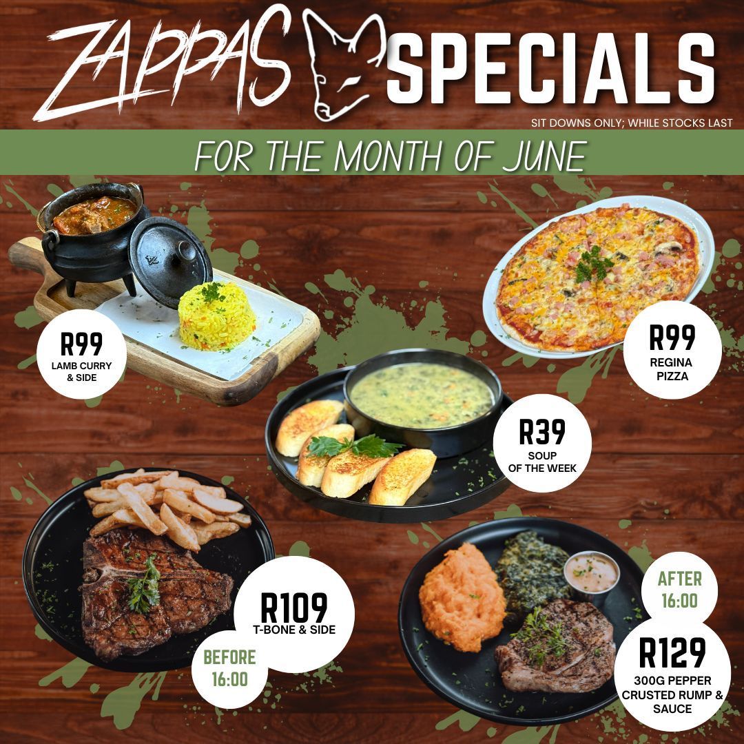Zappa’s specials menu for June, showing five plated dishes with prices on a wood background.