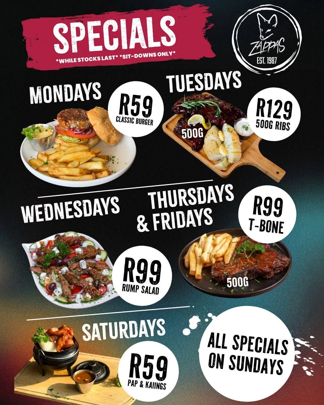 Restaurant specials menu at Zappas in Murrayfield: burger, ribs, steak, salad, and pap & wors, with prices for each day.
