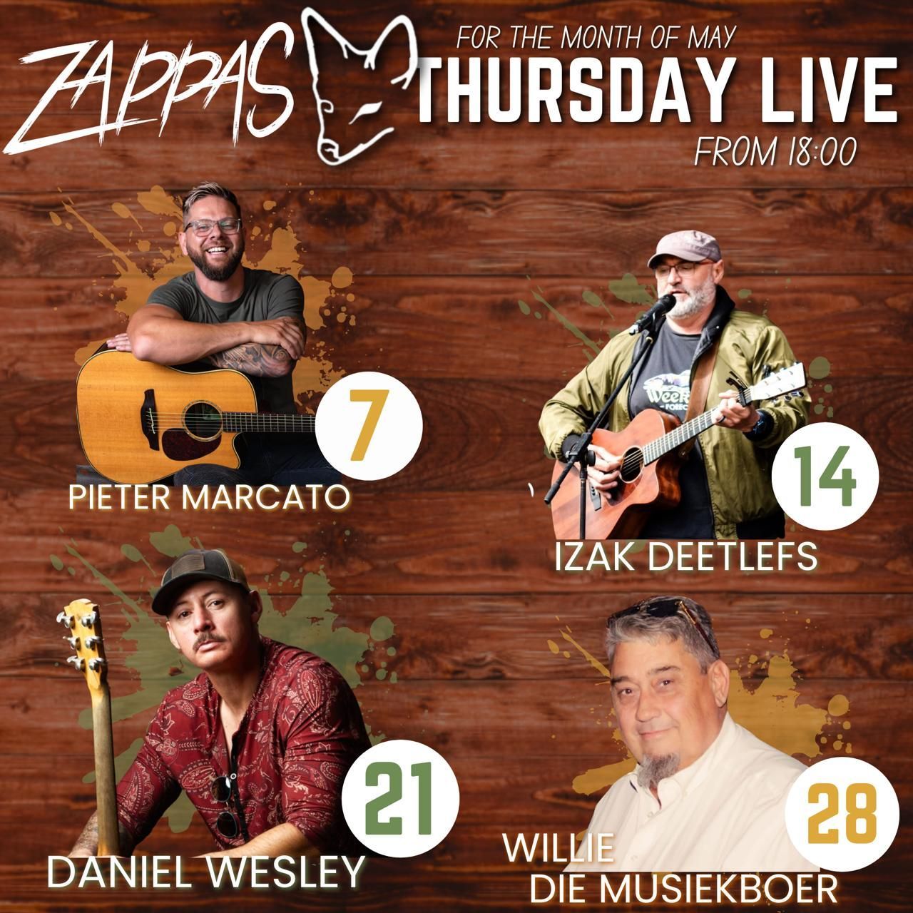 Line up for Thursday Live entertainment at Zappas Murrayfield, for May 2026.