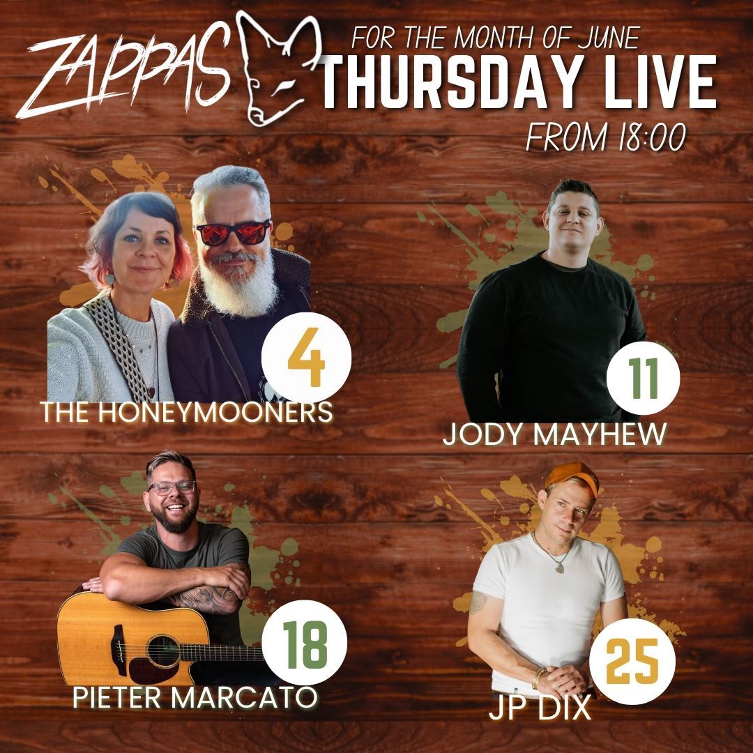 Thursday live event poster with four performers: The Honeymooners, Jody Mayhew, Pieter Marcato, and JP Dix.