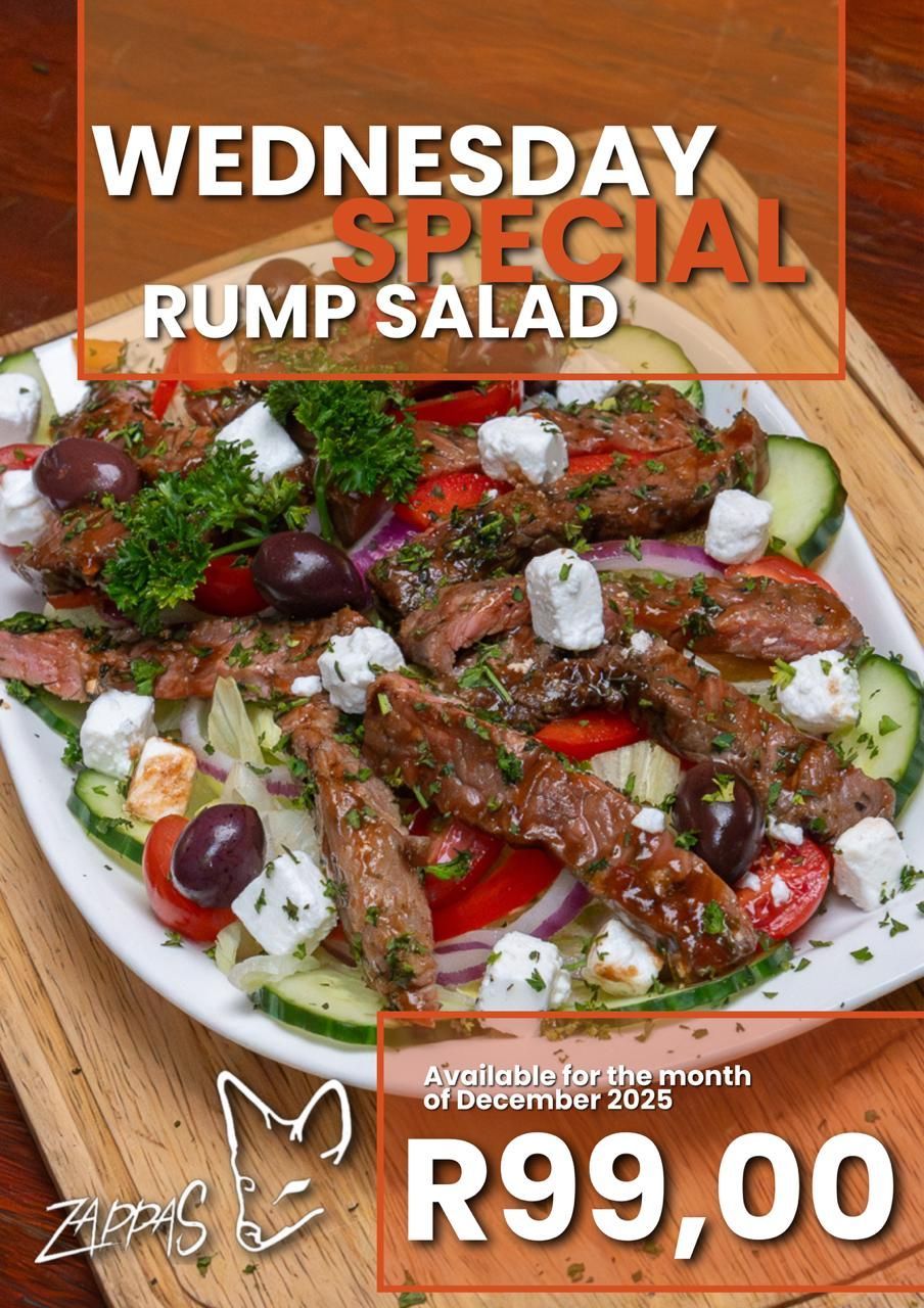 Wednesday special at Zappas in Murrayfield Pretoria: Rump salad with feta and olives, R99.90. Available until December 2025.