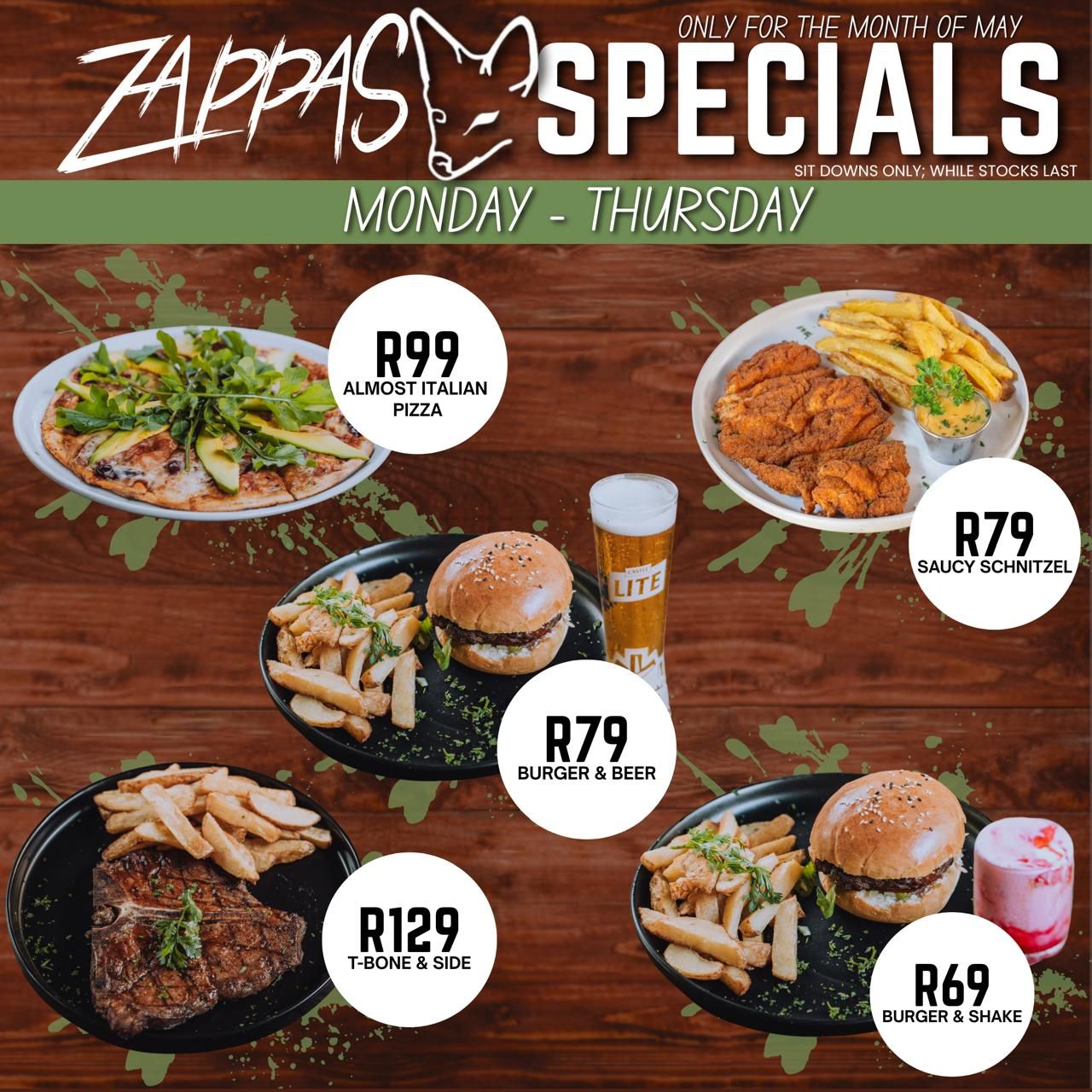 Selected Specials Mondays to Saturdays at Zappas in Pretoria.