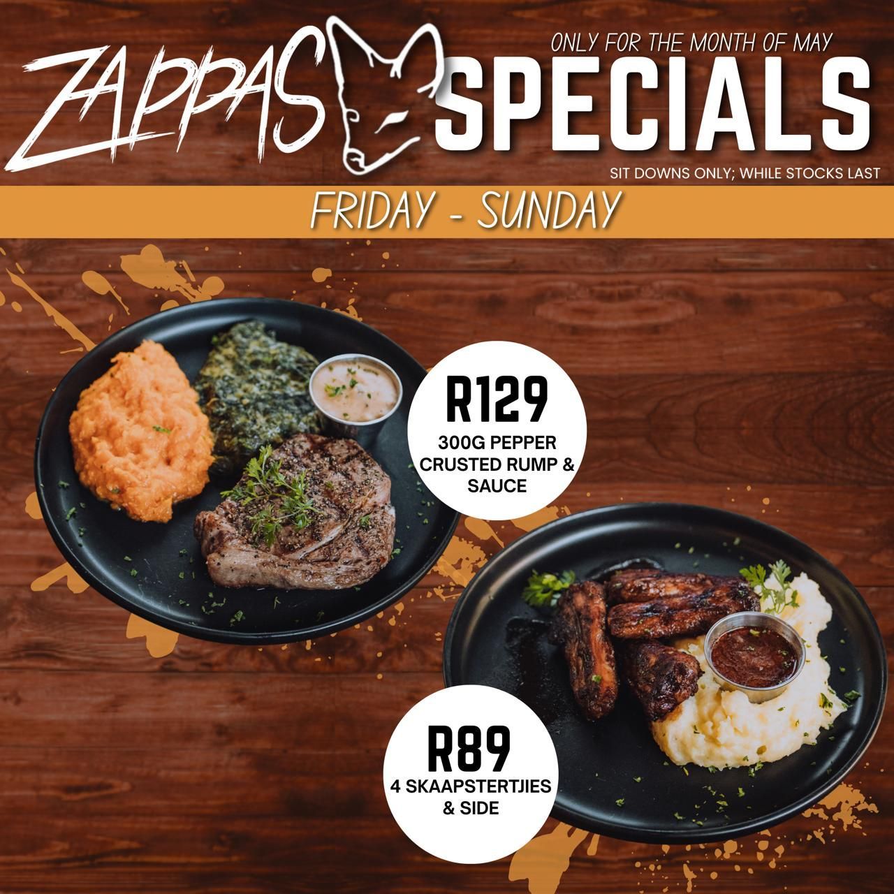 Food specials at Zappas Restaurant in Murrayfield for the month of May.