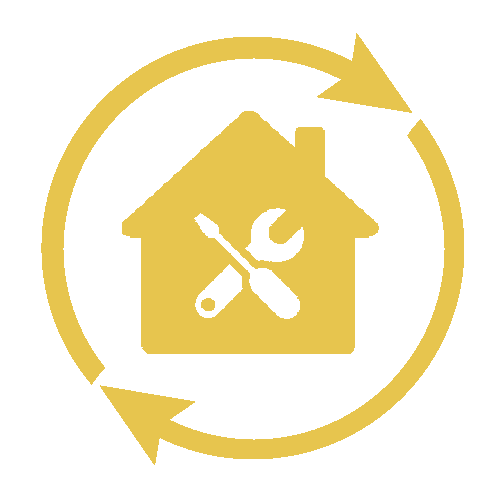 Une icône jaune d'une maison avec une clé et un tournevis dans un cercle.