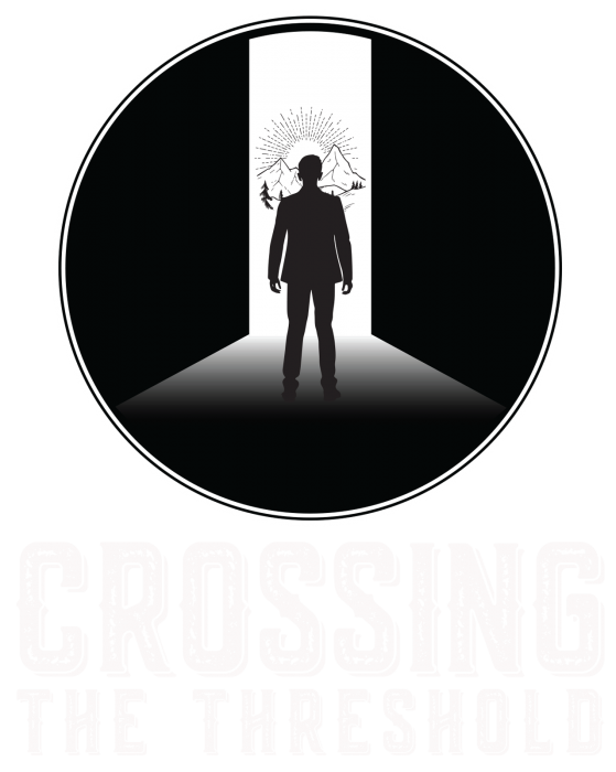 Silhouette of a person standing in a doorway emitting light within a black circle; text: 