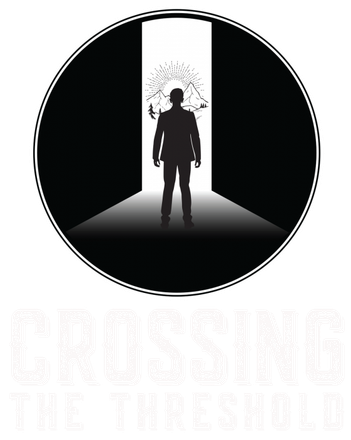 Silhouette of a person standing in a doorway emitting light within a black circle; text: 