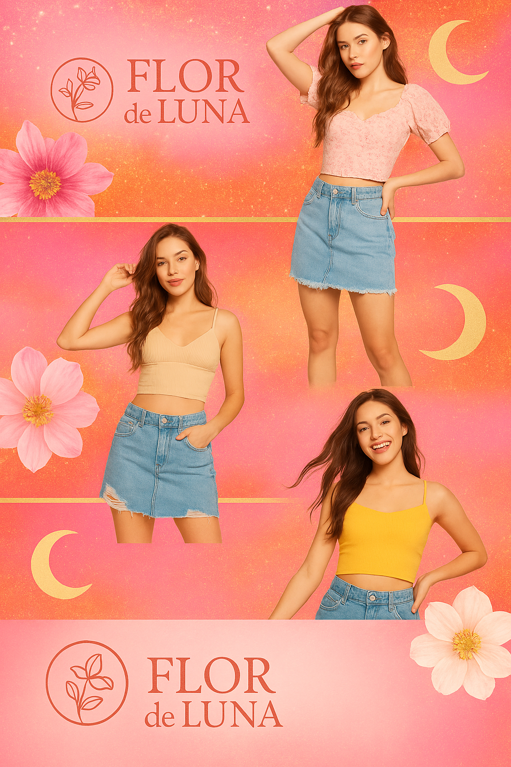 Anuncio de ropa con tres mujeres en blusas y faldas vaqueras sobre un fondo rosa.