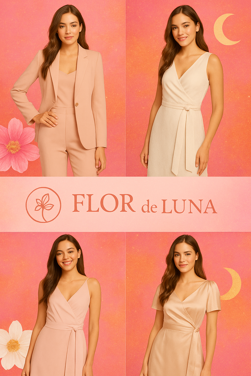 Cuatro mujeres modelando ropa sobre un fondo rosa con el logo 