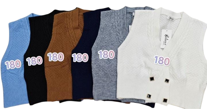 Siete camisetas de tirantes de punto en varios colores, cada una con un precio de 180.