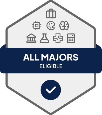 Badge with blue banner: 