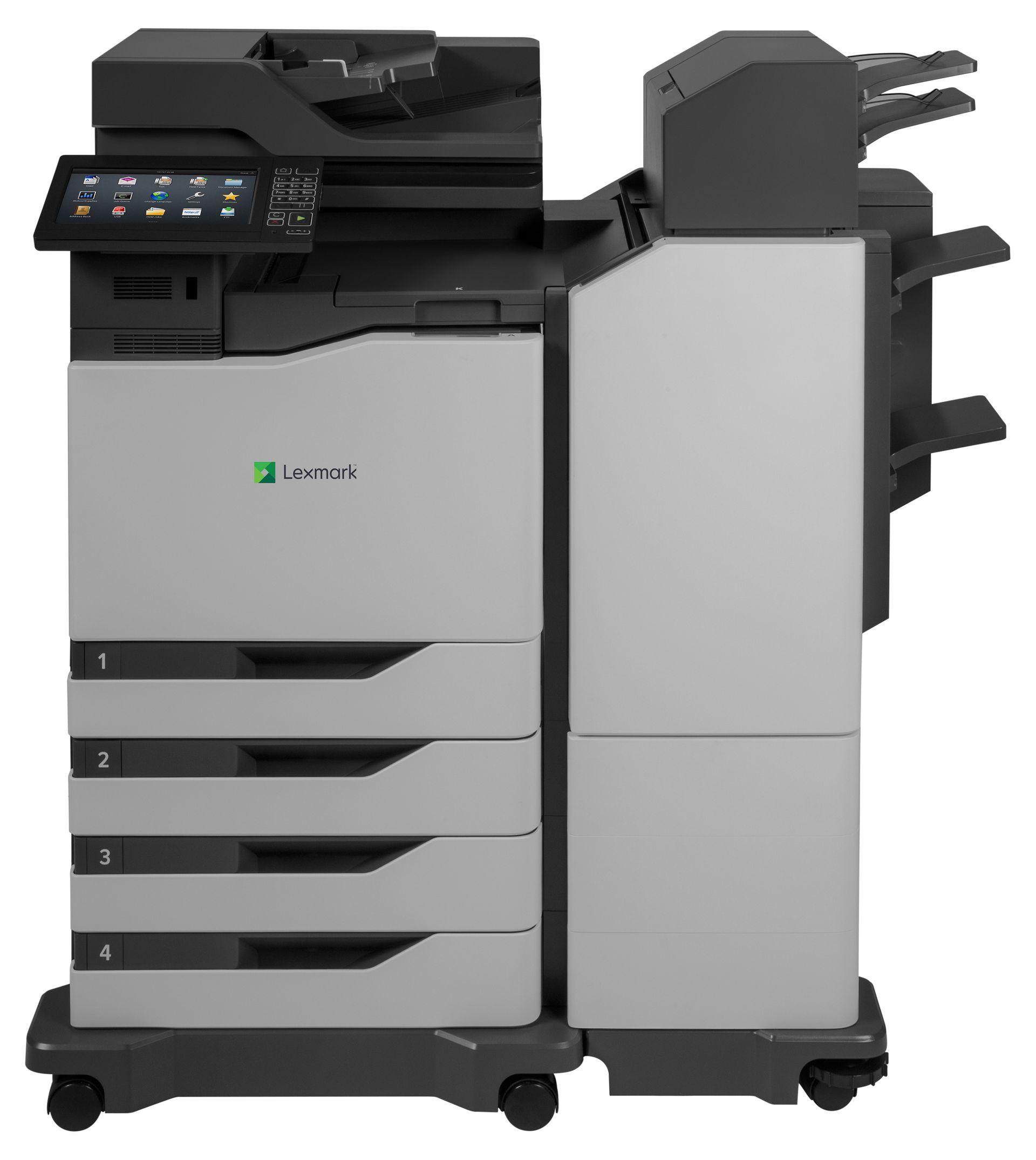 Duża kolorowa drukarka biurowa z podajnikami papieru.