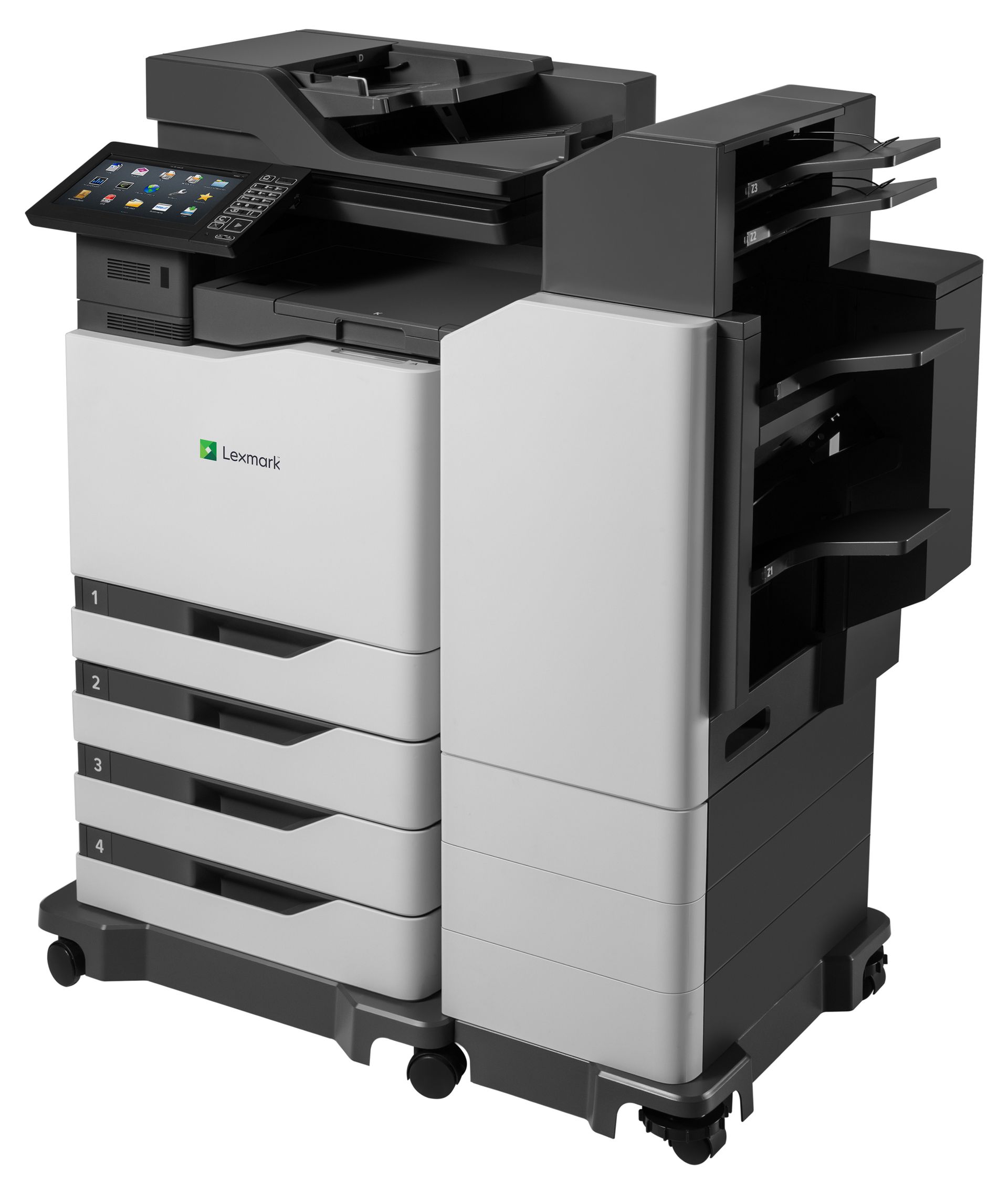 Duża, biało-czarna drukarka wielofunkcyjna z podajnikami papieru i wyświetlaczem dotykowym.