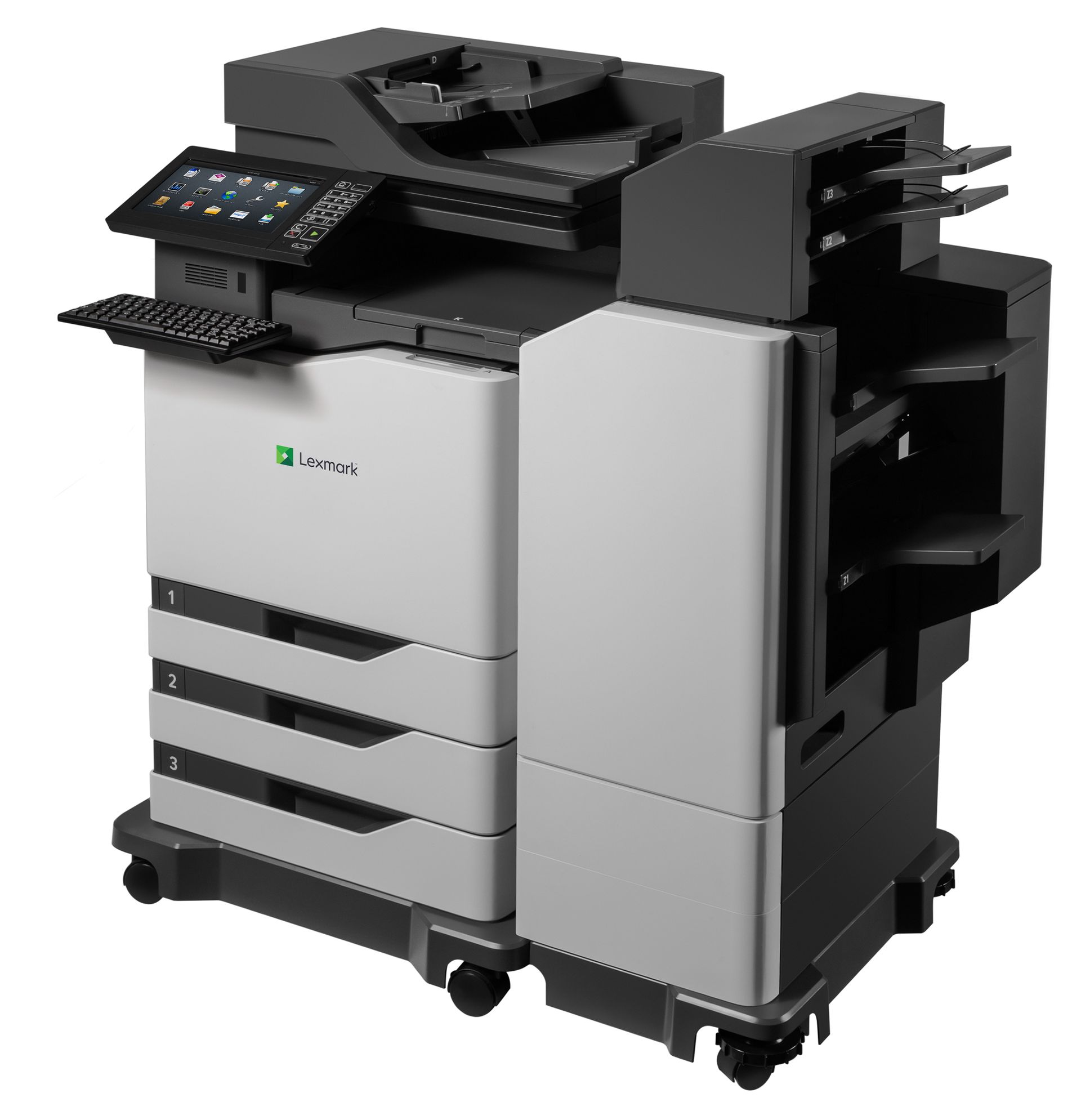 Duża drukarka biurowa, czarno-biała z interfejsem dotykowym, tackami na papier i podajnikiem dokumentów na kółkach.