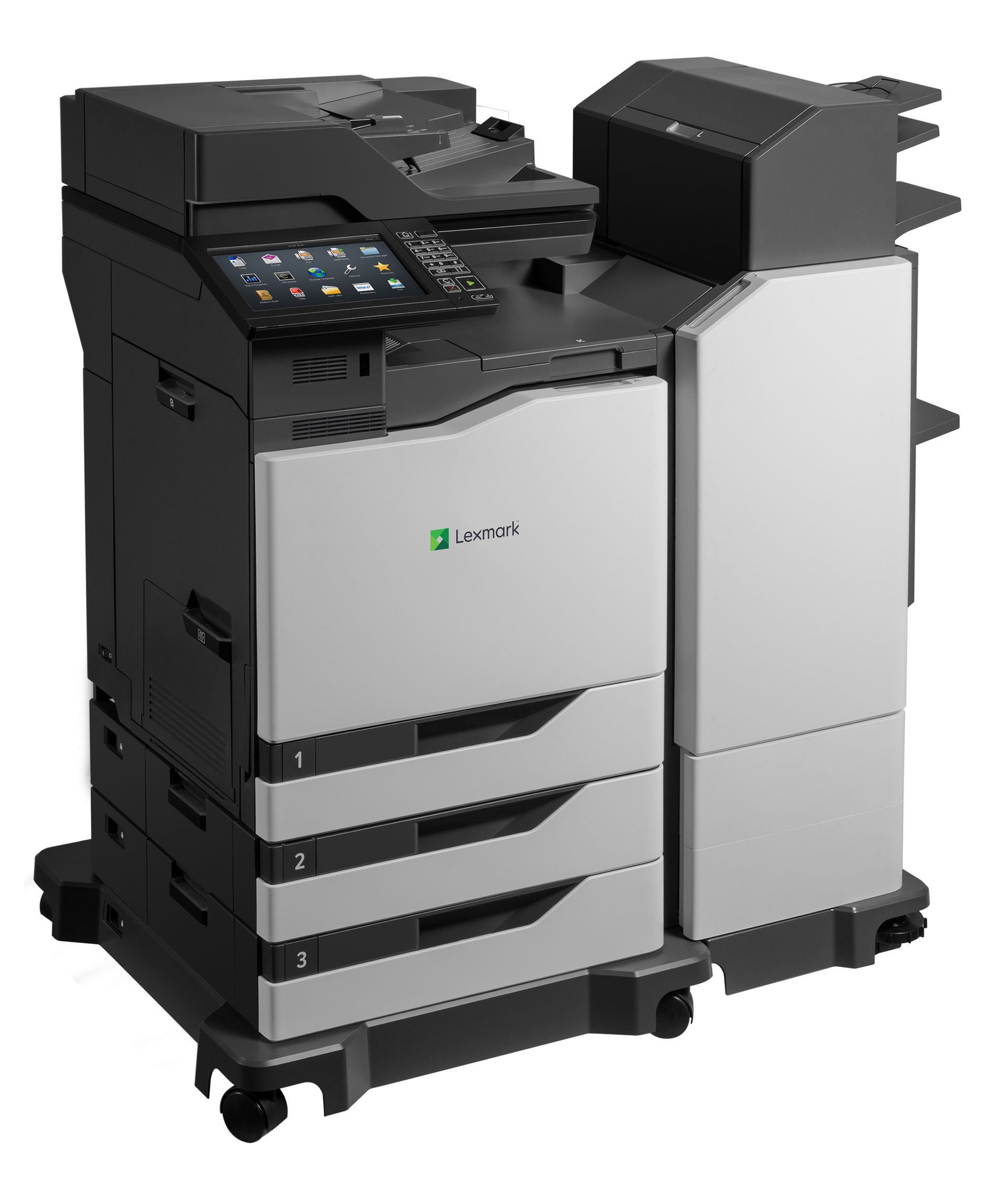 Wielofunkcyjna drukarka na kółkach, jasnoszara i czarna, z panelem sterowania z ekranem dotykowym i podajnikami papieru.