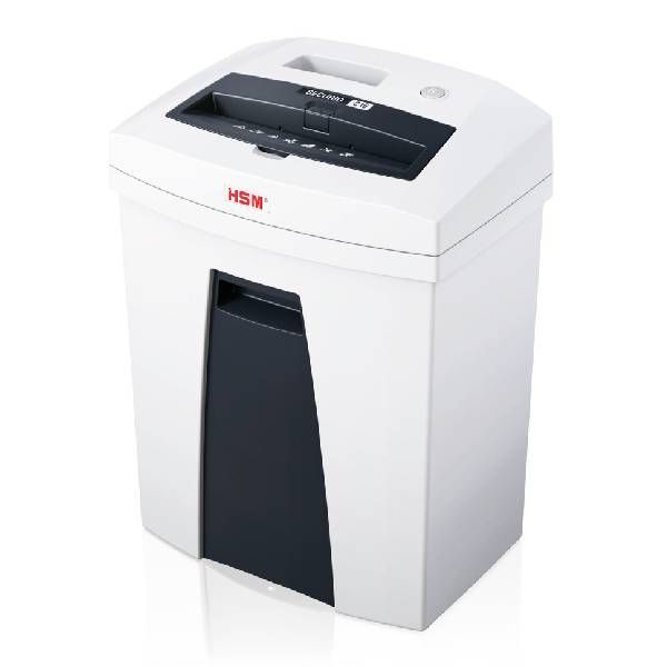 Biało-czarna niszczarka biurowa HSM z podajnikiem papieru na górze i drzwiczkami na śmieci z przodu.