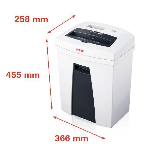 Biała niszczarka do papieru z czarną pokrywą. Wymiary: wysokość 455 mm, szerokość 366 mm, głębokość 258 mm.