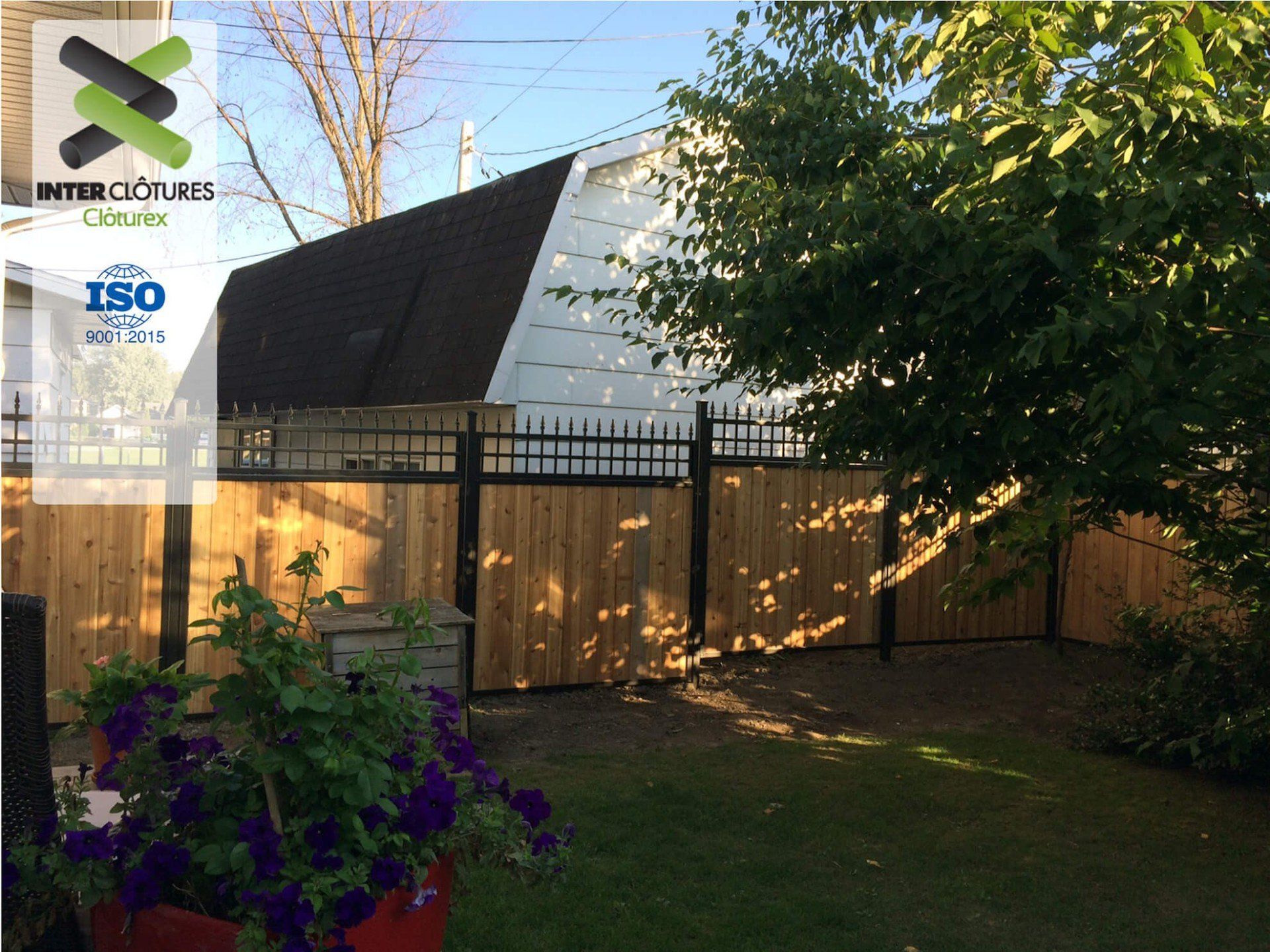 Une clôture en bois avec des fleurs violettes devant elle