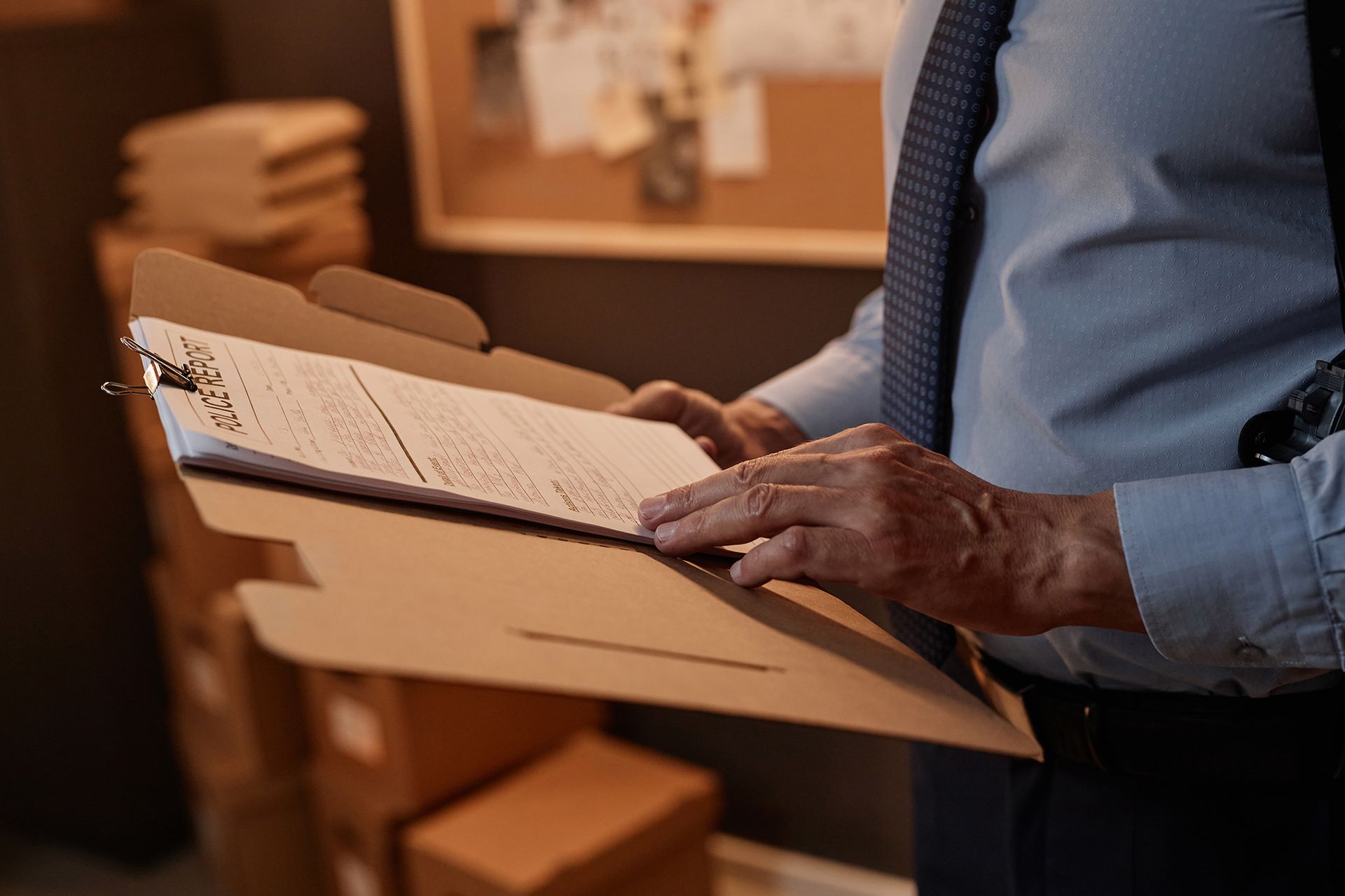 A man in a suit and tie is holding a clipboard with papers in it.