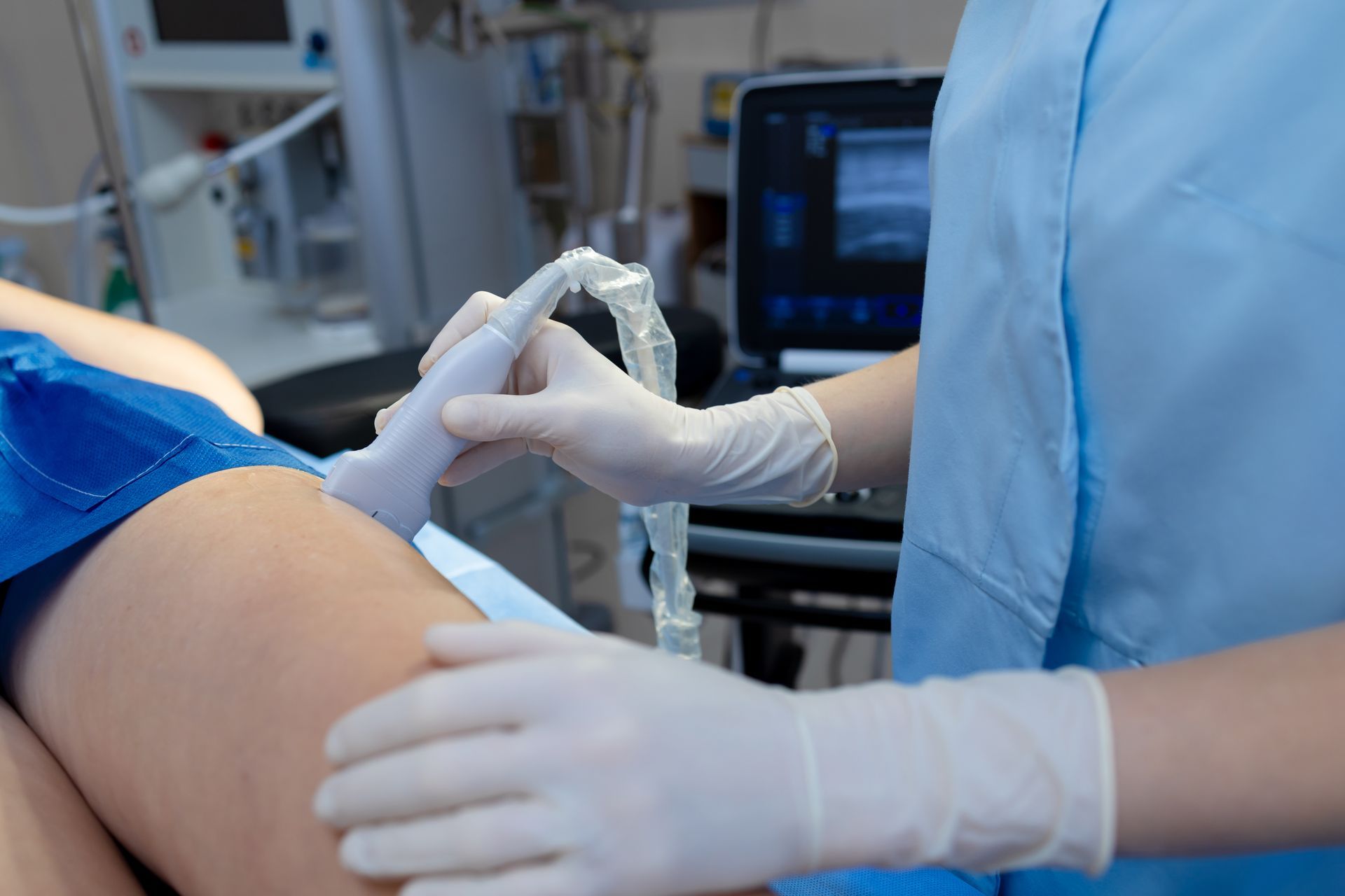 Leg ultrasound for vein check by vascular surgeon.