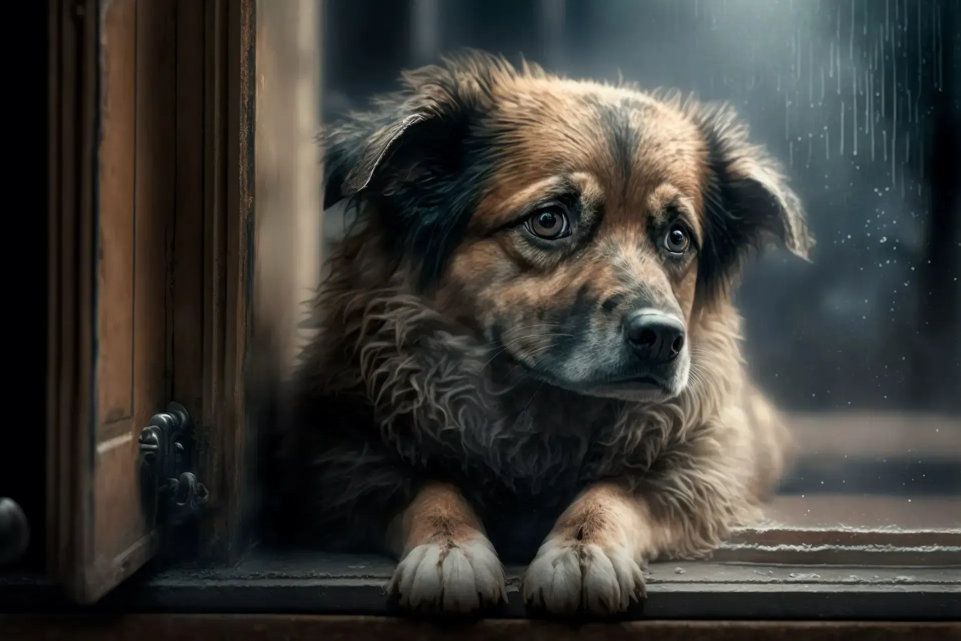 A brown and black dog is looking out of a window.
