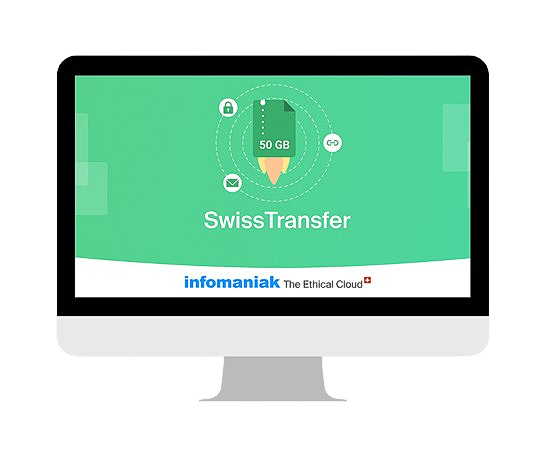 Un monitor di computer con il logo SwissTransfer
