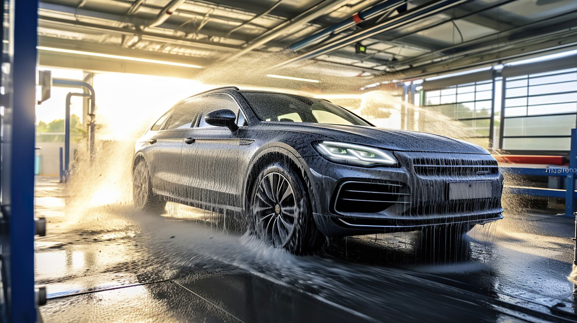 Photograph of a black luxury SUV undergoing a car wash inside a modern facility.