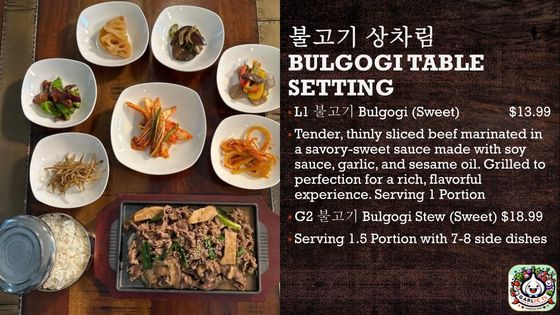 A menu for a restaurant called bulgogi table setting