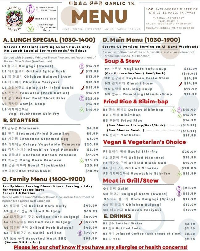 A menu for a restaurant includes a lunch special and a main menu