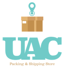 A logo for a packing and shipping store with a box on top of it.