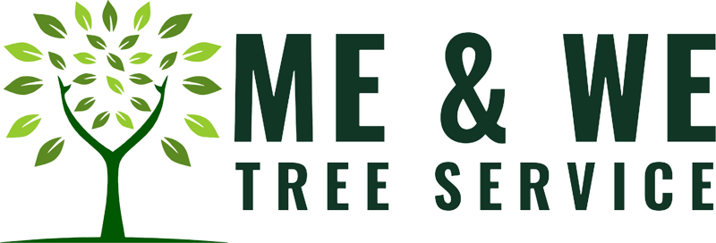 The logo for me & we tree service has a tree with leaves on it.