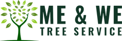 The logo for me & we tree service has a tree with leaves on it.