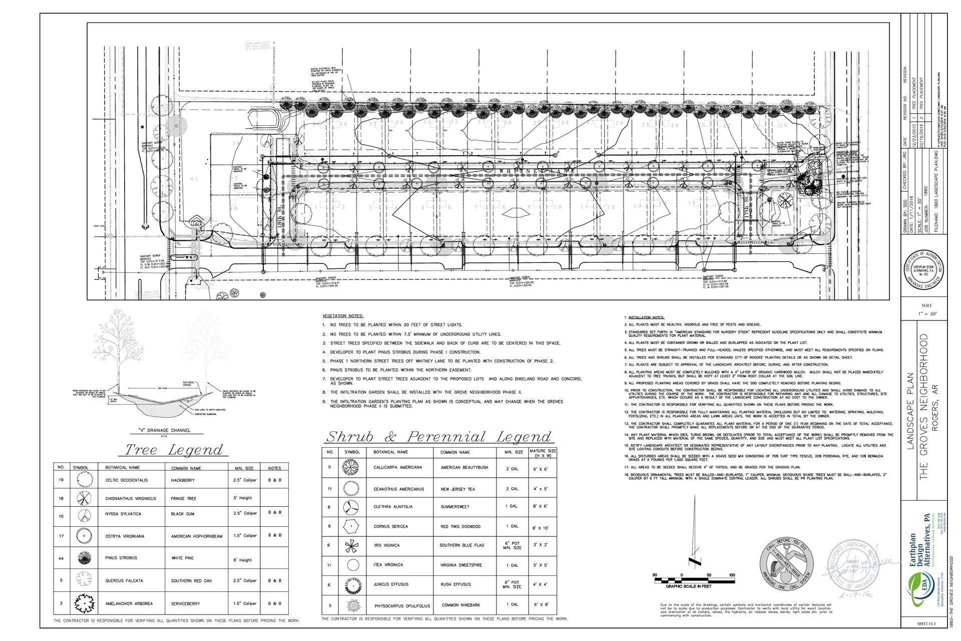 Architectural site plan with trees, planting details, and a building layout.